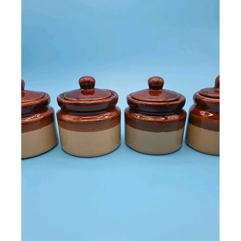 4 Brown & Tan Stoneware Crocks 3 Tone Jars with Lids 2.75